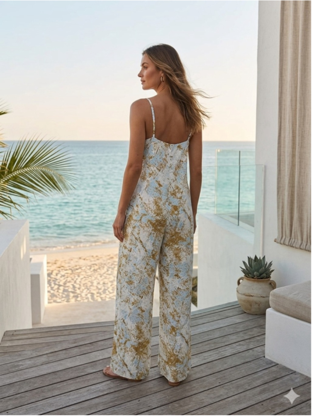 Nikki's Beach House Jumpsuit Small Blue Gold Abstract Coastal Resort Wide Leg - Picture 3 of 11